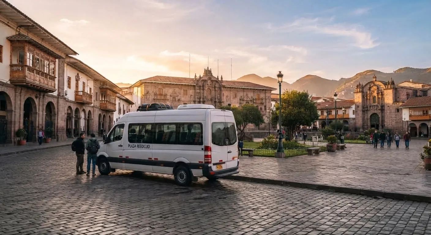 Van shuttle de Peruways embarcando en Plaza Regocijo, Cusco centro, para el traslado a la estación de tren de Ollantaytambo