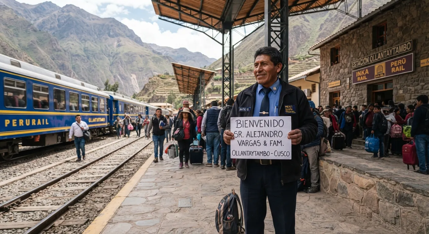 Chauffeur Peruways attendant à la gare d'Ollantaytambo pour la navette retour vers le centre de Cusco